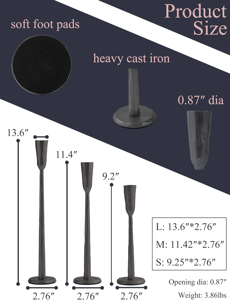 Black Iron Taper Candle Holder Set of 3, Heavy Wrought Iron Candlestick Holders Decorative Candle Stand, Vintage