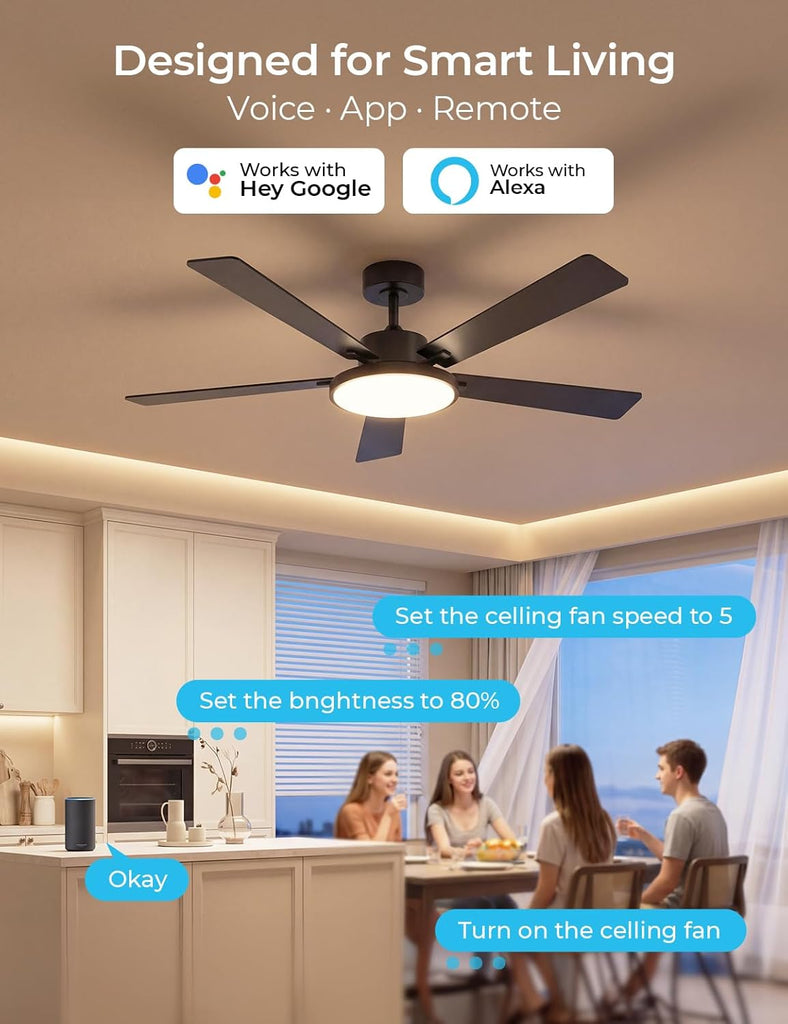Smart Ceiling Fan with Lights, 52'' RGBCW Ceiling Fan with Lights and Remote App Voice Control, Reversible DC Motor