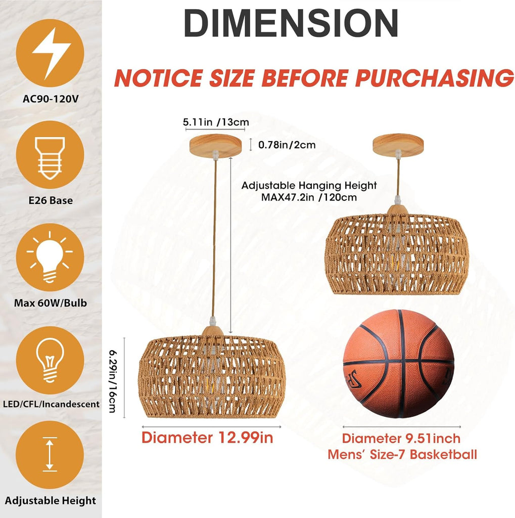 Rattan Pendant Light Fixture Ceiling Bohemian Chandelier Flush Mount Hanging Light 12.99-inch Small Woven Lamp Shade