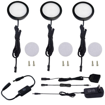 Under Cabinet LED Black Cover Puck Lighting Kit with Touch Dimmer Switch Cupboard Closet Lighting (3 Lights,Warm