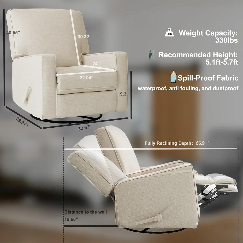 Swivel Rocker Recliner Chair, Glider Rocker Recliner, Beige | Fabric Chair with High Back, Deep Seat