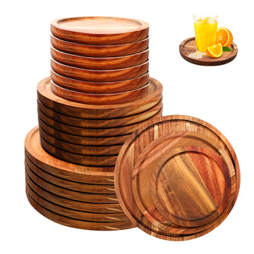 18 Pcs Round Acacia Wood Dinner Plates Set 6 8 10 Inch Natural Classic Food Trays Lightweight Wooden Charger Plates