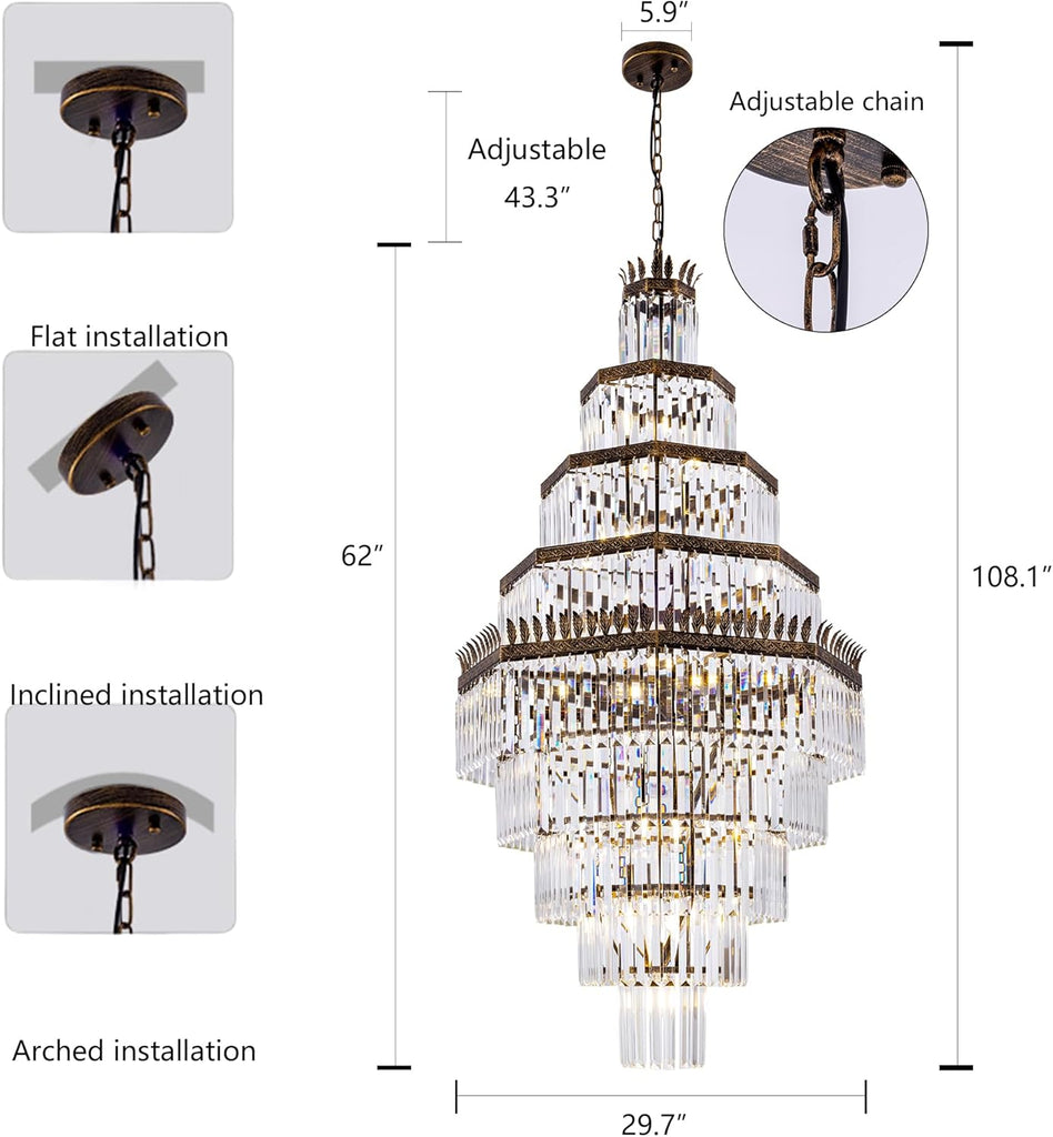 Large Crystal Chandelier for High Ceiling, 9-Tier Luxury Empire Chandelier Vintage Antique Bronze Crystal Chandeliers Light Fixture for Dining Living Room Foyer Entryway Staircase 30" W x 62" H