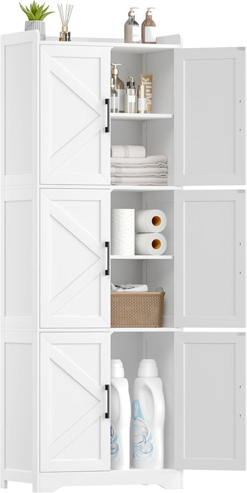 Tall Bathroom Floor Cabinet with 6 Barn Door 60.2''H Pantry White | 11.6''D x 22.6''W Linen Storage Cabinet with