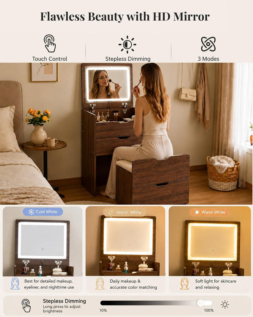 Small Vanity with Mirror and Lights for Small Space, 3-in-1 Compact Makeup Vanity Desk with Storage, Flip Top Vanity