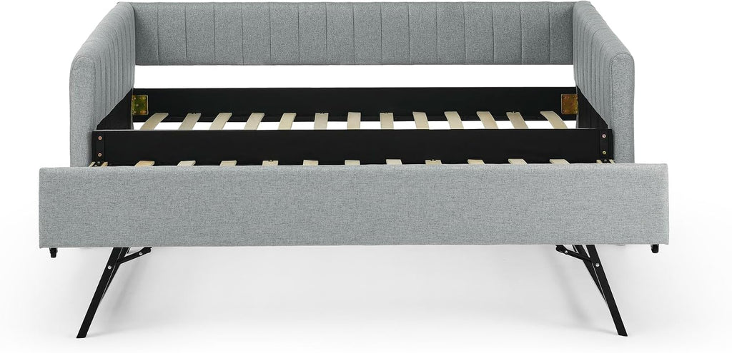 Twin Size Upholstery Daybed with Erectable Trundle and Vertical Stripes, Twin to King Design Extendable Linen Sofa