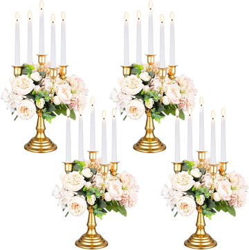 Set of 4 Gold Candelabra Candle Holders - 5 Arm 11.6" Tall Wedding Candlestick Holder, Metal Candle Stands, Gold