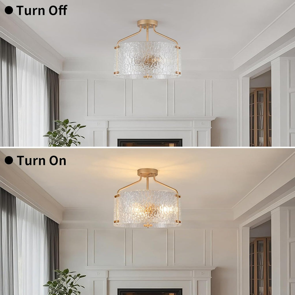 Semi Flush Mount Ceiling Light Fixture Glass Drum Chandelier Entryway Light Fixture 16''Gold Flush Mount Ceiling