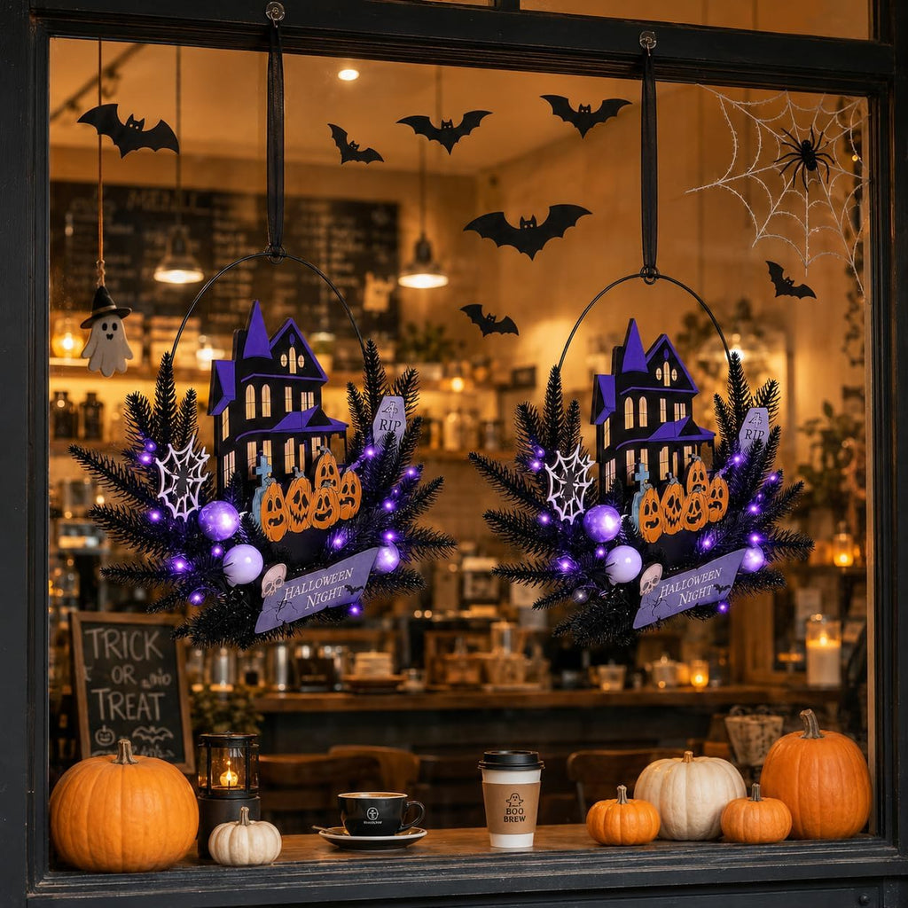 Halloween Wreath with Lights, 15.7 Inch, 6H On/18H Off Timer