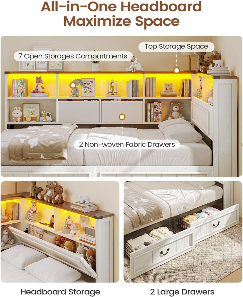 Twin Corner Bed Frame with Storage Drawers and Bookcase Hidden Headboard, Charging Station and Led Lights, Farmhouse