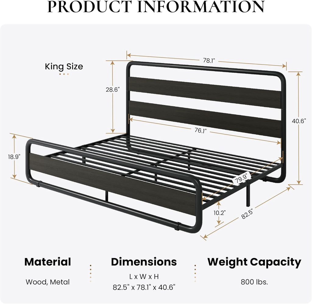 King Metal Bed Frame with Wooden Headboard and Footboard, Heavy Duty Platform Bed Frame with 10" Under-Bed Storage