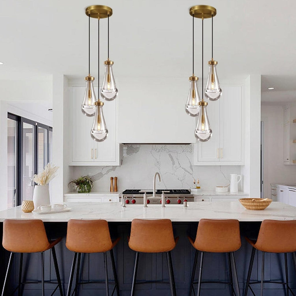 3-Light Raindrop Pendant Light Fixtures, Brass Glass Pendant Lighting, Teardrops Modern Hanging Light for Entryway Foyer Kitchen Island Dining Living Room Hallway