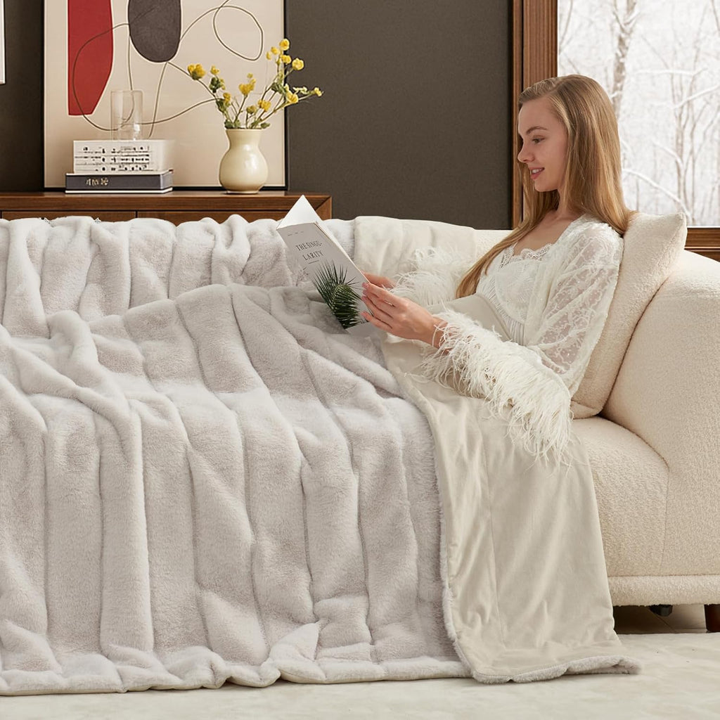 Deluxe Sheared Rabbit Faux Fur Throw Blanket, Soft Fuzzy High-Low Sculpted Plush Blanket, Cozy Home Accent, All