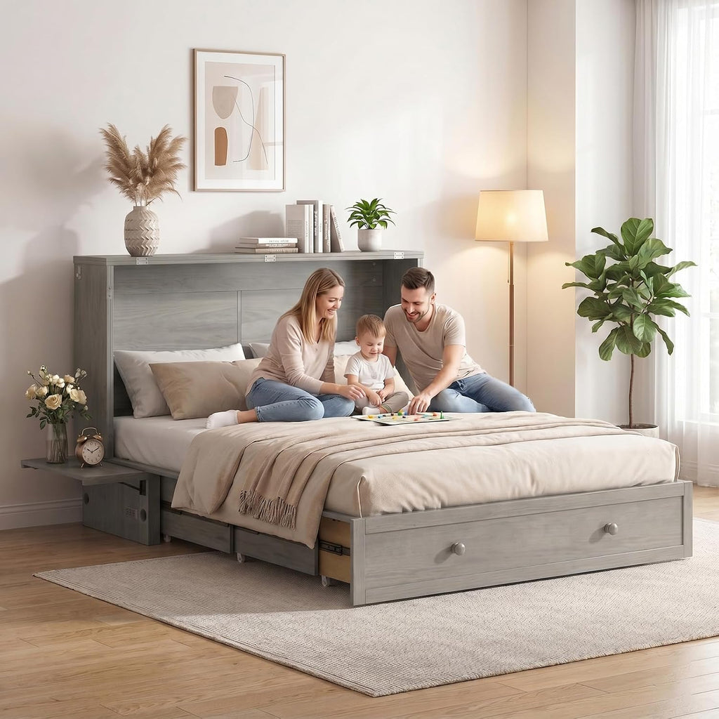 Queen Murphy Bed Cabinet with Tri-fold Mattress, Cabinet Bed with Built-in Charging Station, Storage Drawer, Solid