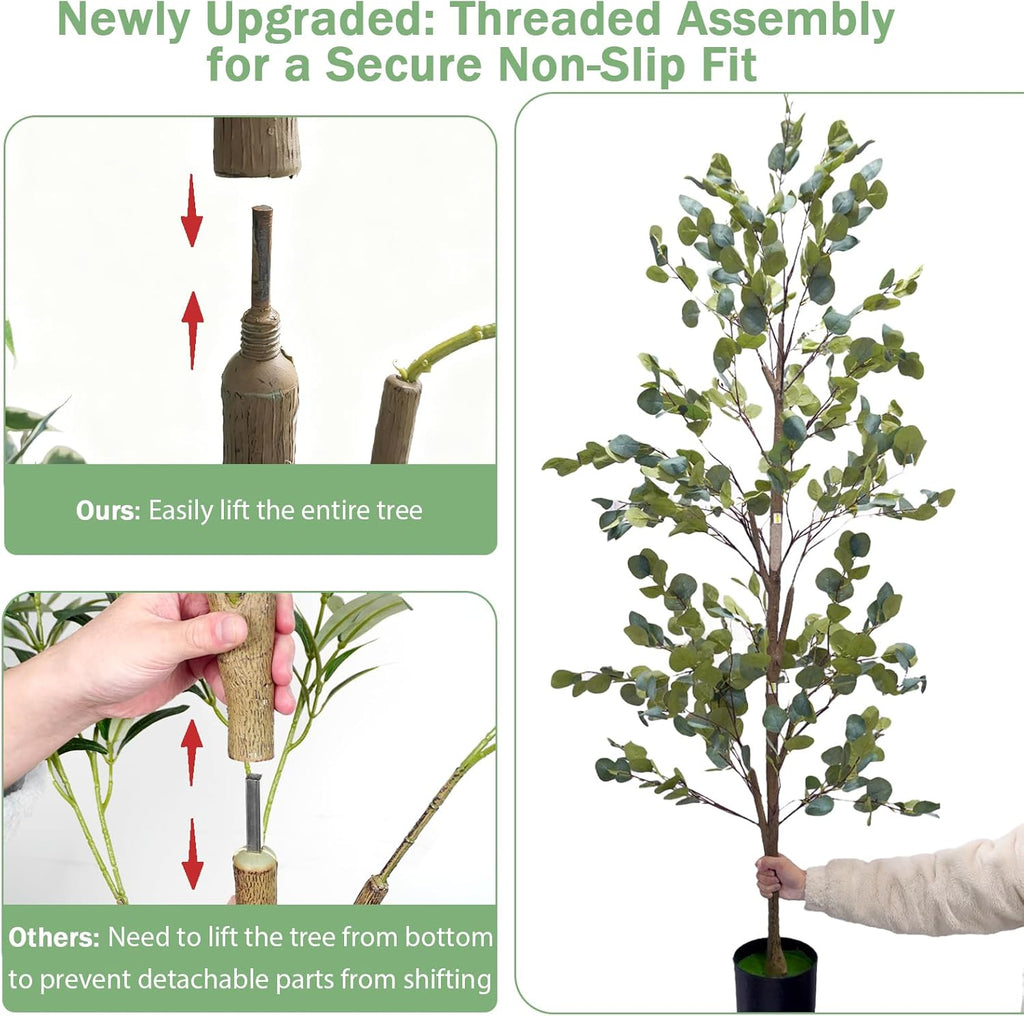 Faux Eucalyptus Tree 6FT, Artificial Potted Tree for Indoor Outdoor, Fake Floor Plants with Natural Wood Trunk, Home