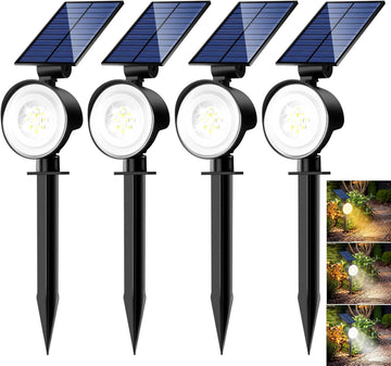 Solar Spot Lights Outdoor Waterproof, 3 CCT Landscape Spotlights | 4 Pack/2 Brightness, Adjustable Solar Panels, Auto