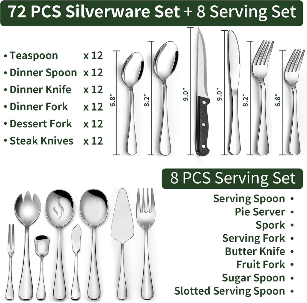 80 Pieces Silverware Set with Serving Utensils Set, Stainless Steel Flatware Set for 12 with Steak Knives