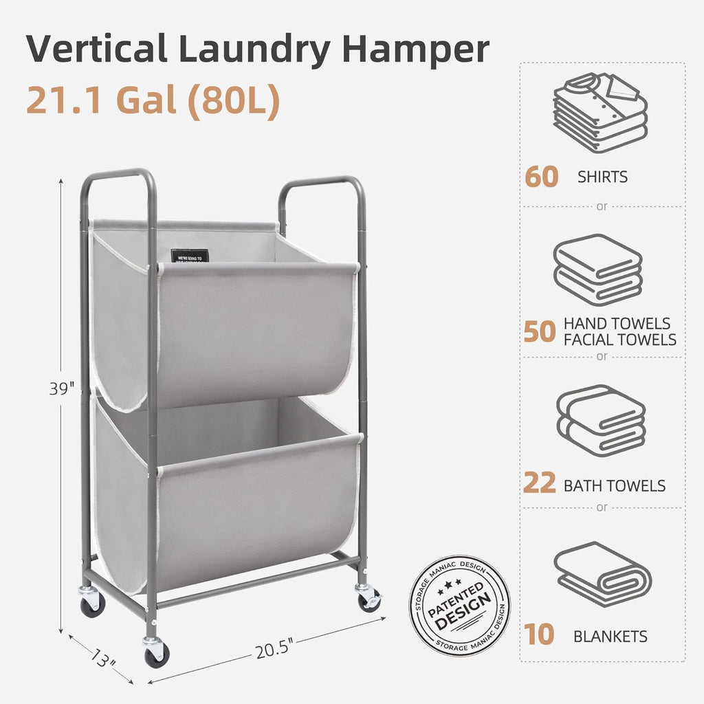80 Liters Vertical Rolling Laundry Hamper, 2 Section Laundry Sorter with Wheels and 2 Breaks, 2-tier Laundry Baskets
