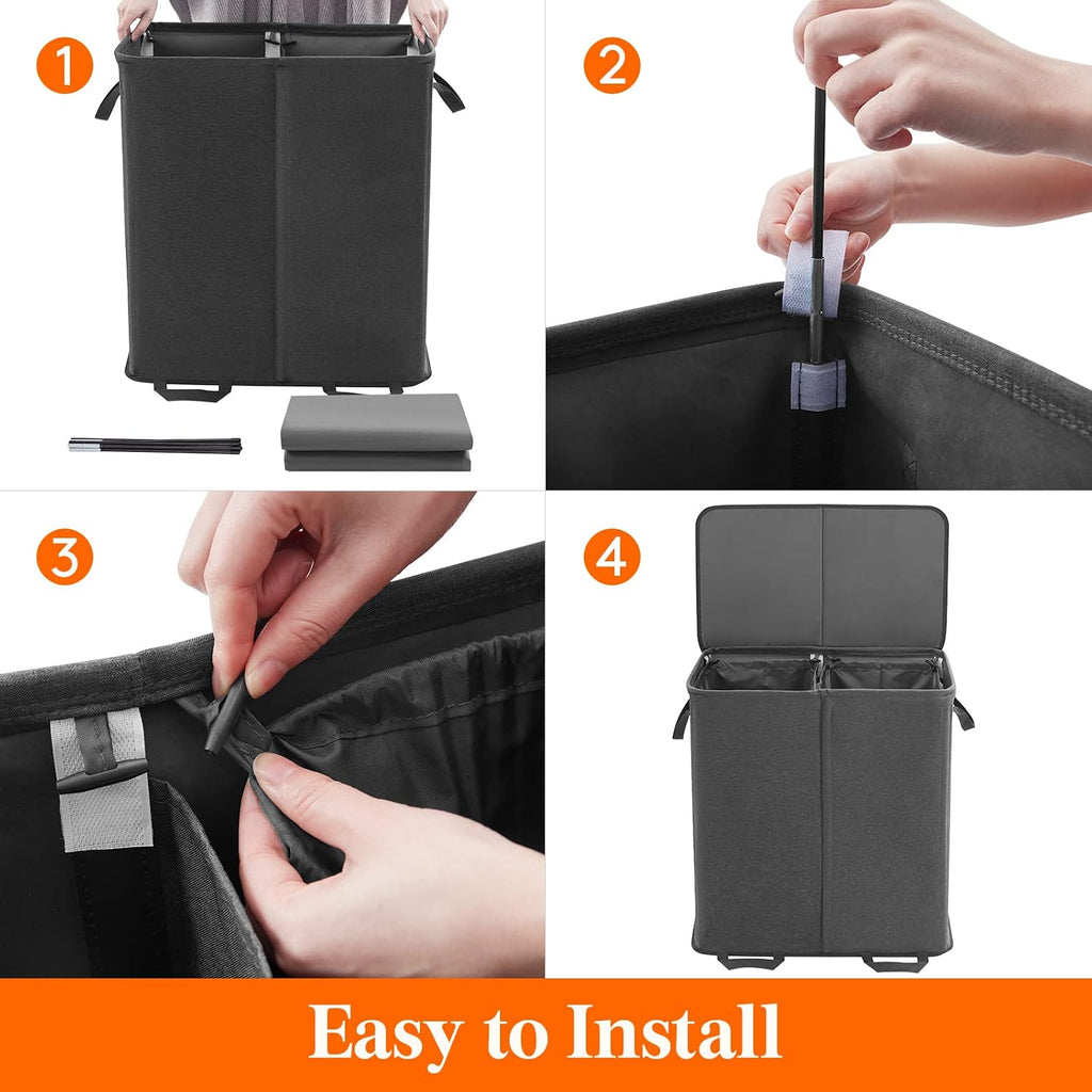 Double Laundry Hamper with Lid and Removable Laundry Bags, Large Collapsible 2 Dividers Dirty Clothes Basket with