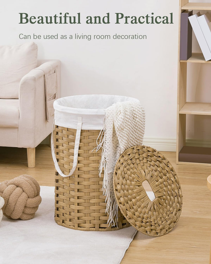 Laundry Hamper with Lid Laundry Basket with Lid 72L, Natural | 19 Gal Round PE Rattan Hamper with Lid, Removable