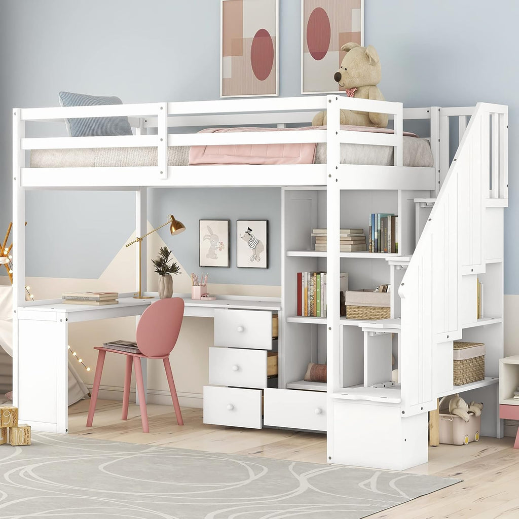 Wood Loft Bed Twin, Multifunctional Twin Bed Frame with L-Shaped Desk and Drawers, Cabinet and Storage Staircase, White