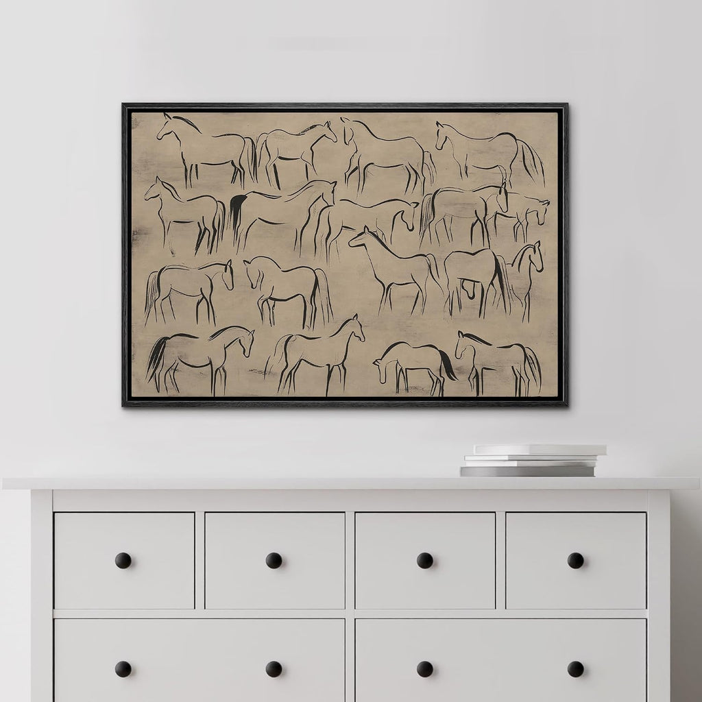 Framed Canvas Print Wall Art Abstract Horse Sketch Collection on Beige Minimalist Illustrations Digital Art