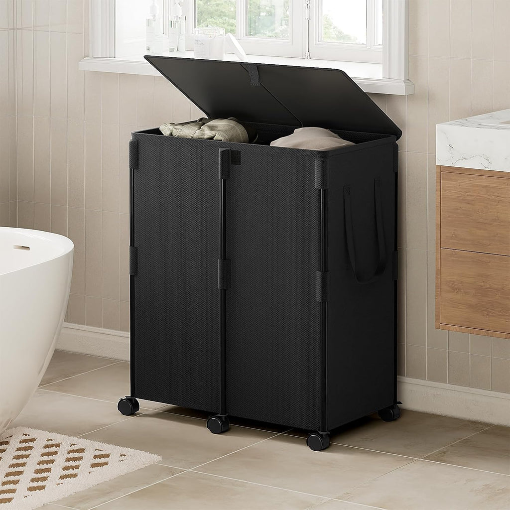160L Double Laundry Hamper with Lid and 6 Wheels, Rolling Laundry Basket | Metal Frame Laundry Sorter 2 Section with