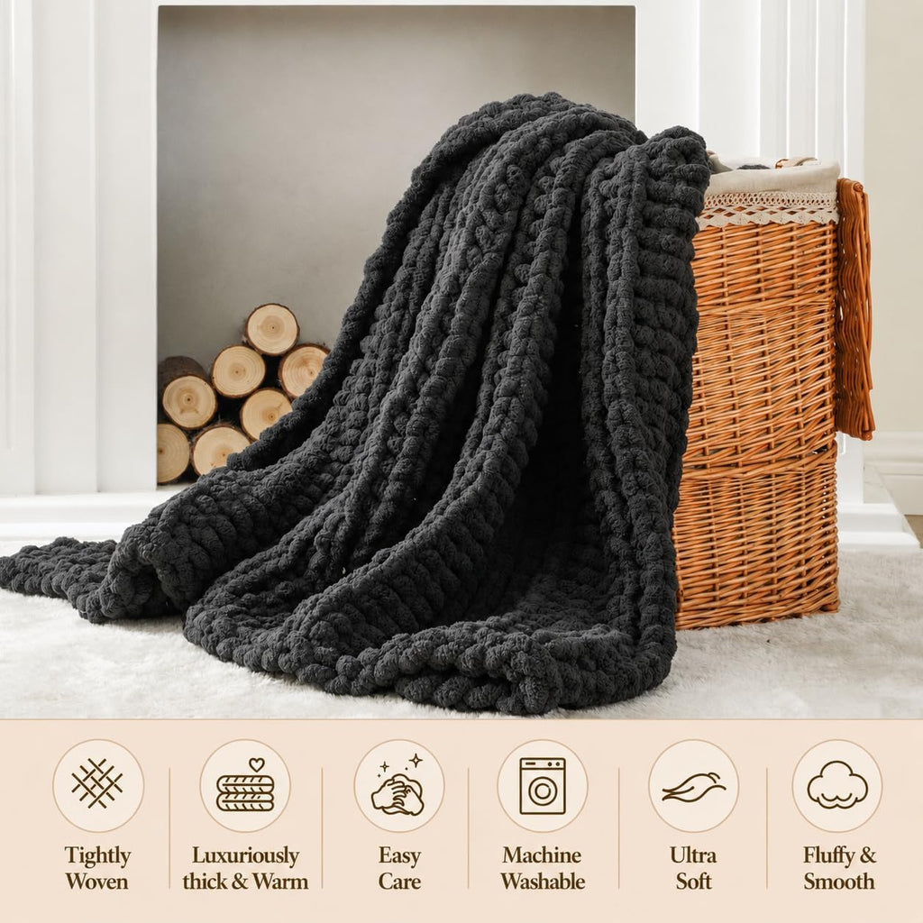 Chunky Knit Throw Blanket, Hand Made Chenille Throw Blanket, Super Soft Warm Cozy Charcoal Blanket, 50"x60"