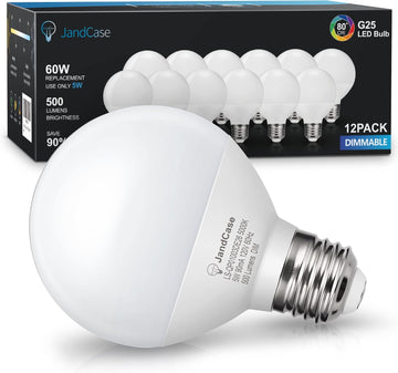 G25 LED Vanity Light Bulbs, Dimmable Globe, 5W(60W Equivalent), E26 Base, CRI 80, Daylight White 5000K, 500LM, UL - Set of 12