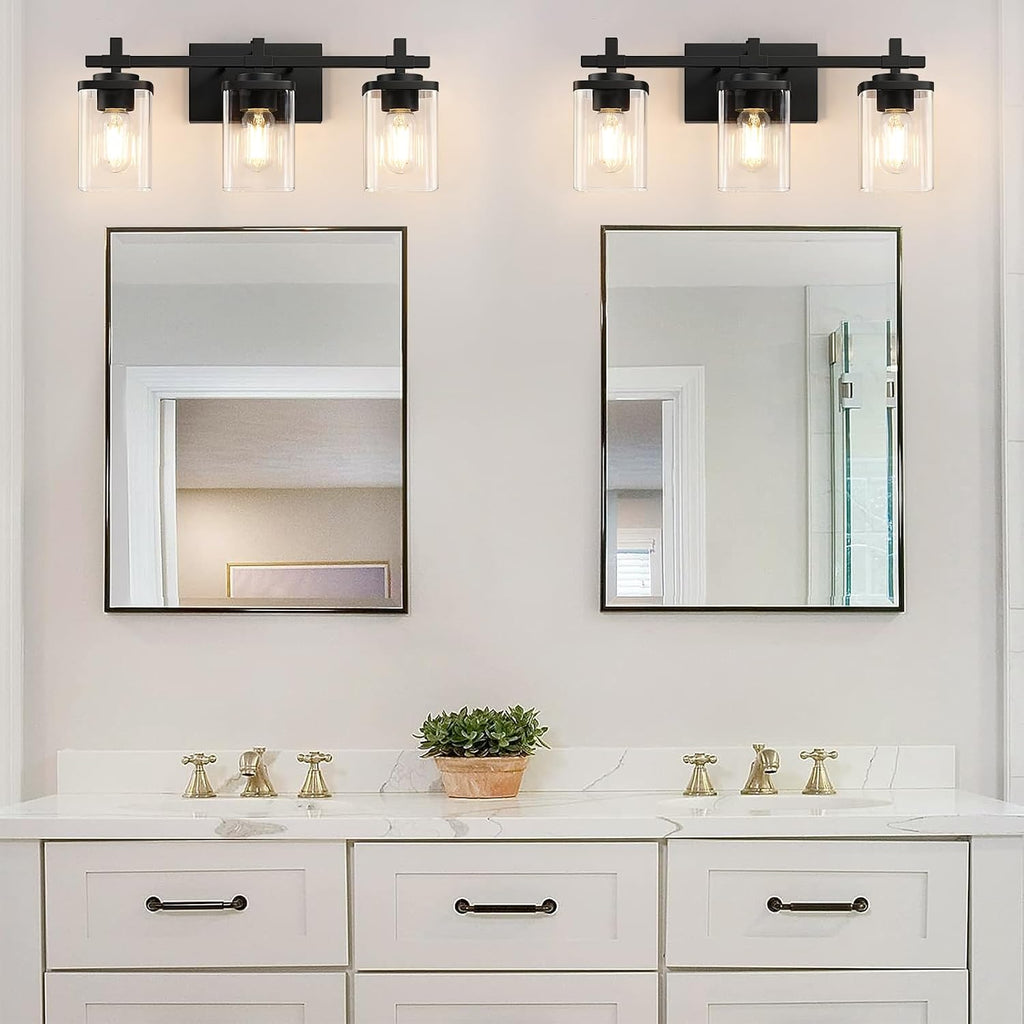 3-Lights Bathroom Vanity Light Fixtures, Modern Black Vanity Lights Over Mirror with Clear Glass Shade , Wall Mounted