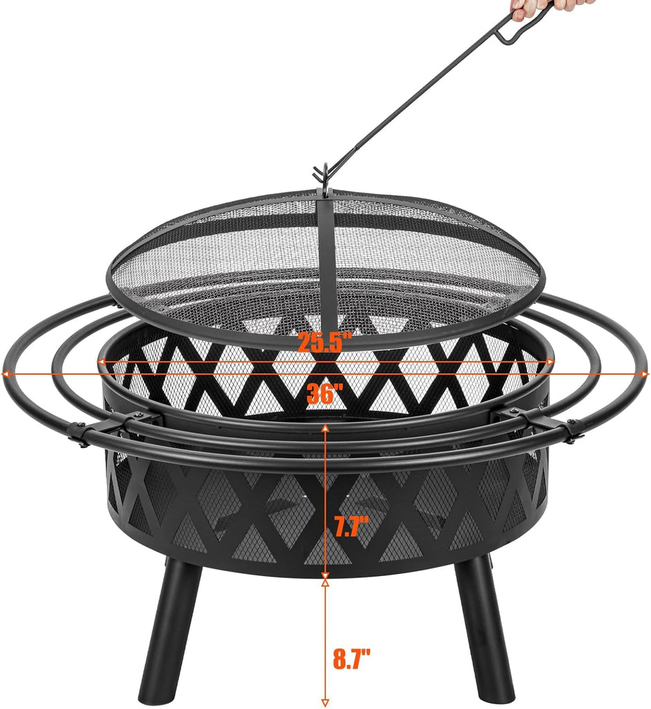 36 Inch Wood Burning Fire Pit with 2 Loops, Outdoor Fire Pit with Spark Screen & Fire Poker