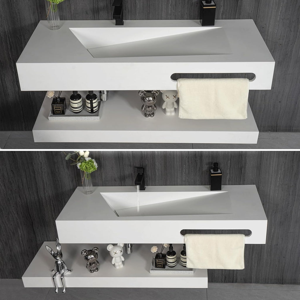 48"x19" Wall-Mount Stone Resin Bathroom Sink Rectangular Vessel Sinks for Bathroom Floating Vanity Sink Trough