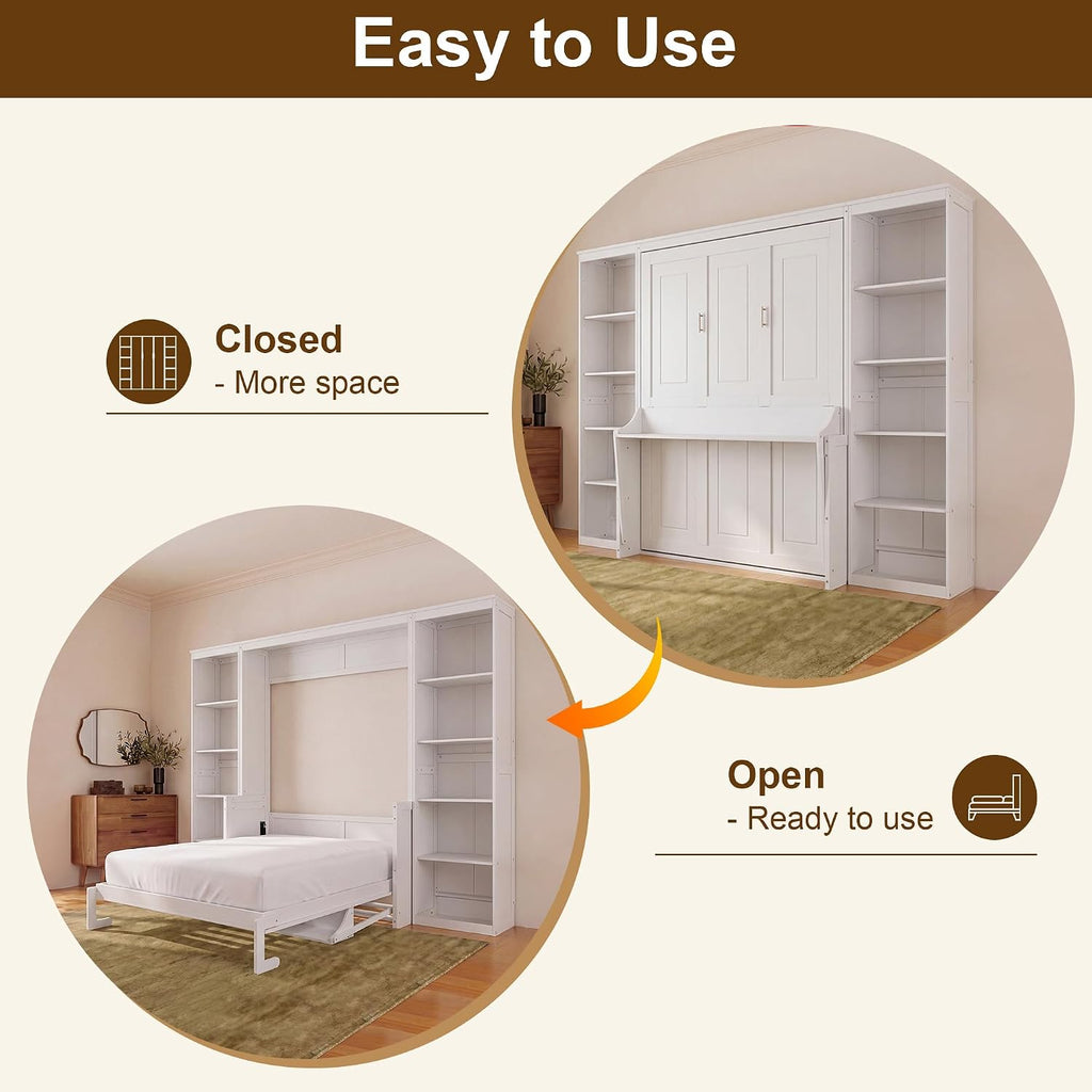 Murphy Bed Queen with Small Desk and Bookcase, Vertical Murphy Wall Bed Cabinet Desk and Bookshelf Storage Combo