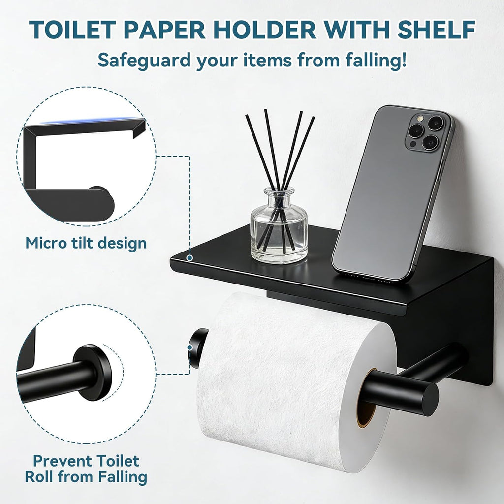 5-Piece Bathroom Hardware Set, Matte Black Bathroom Accessories Set with 24" Towel Bar, Toilet Paper Holder with