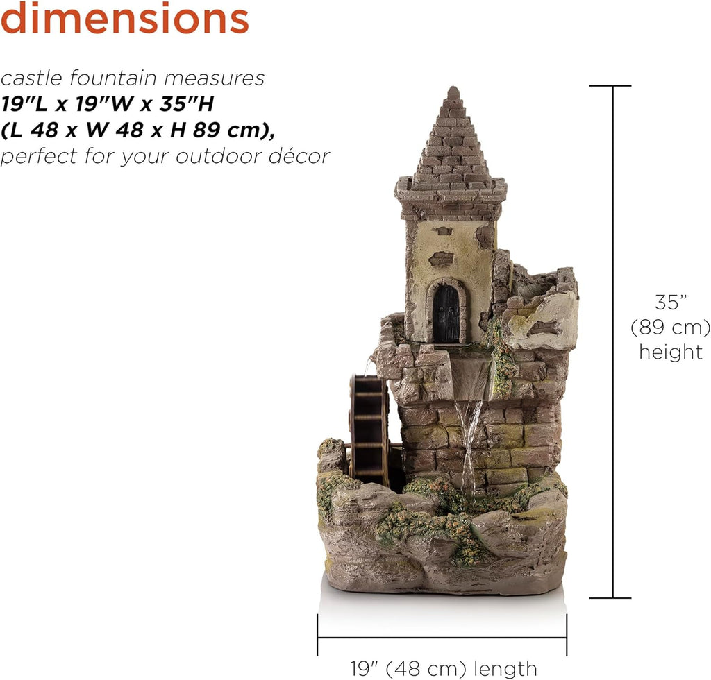 USA1164 Outdoor Floor Tiered Fairy Castle Waterwheel Water Fountain with Realistic Stone Look, 35", Brown