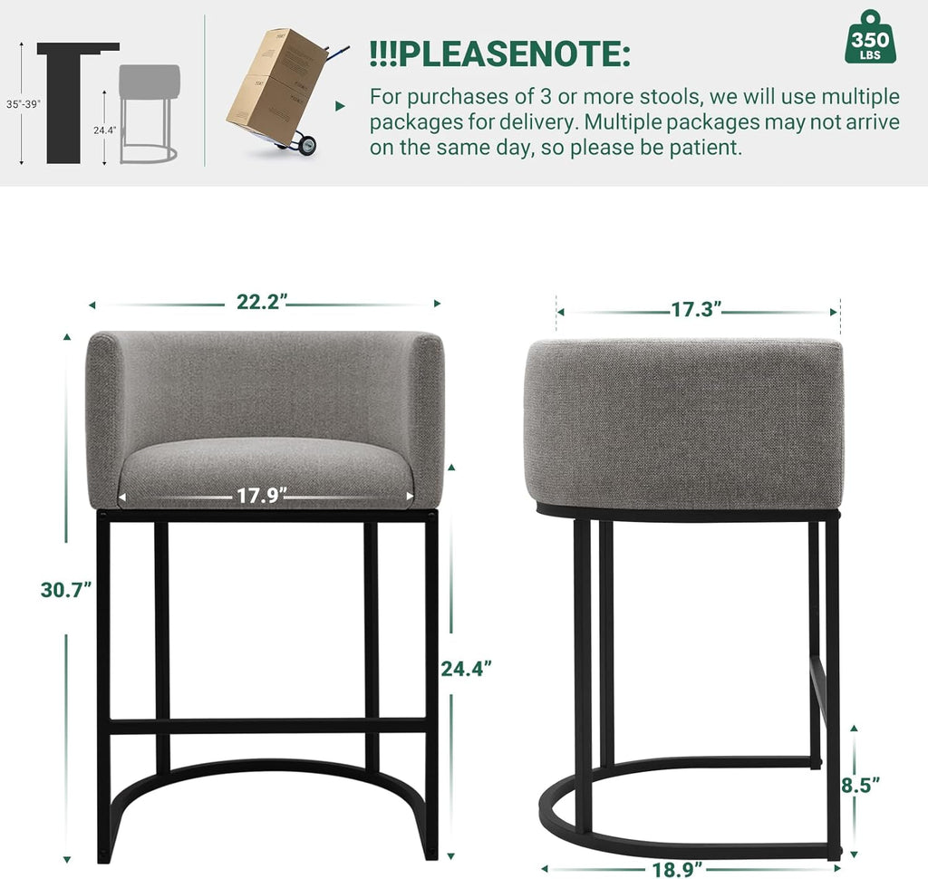 Counter Height Bar Stools Set of 4, 24 Inch Seat Height Barstools, Fabric Upholstered Bar Chair Island, Linen Counter