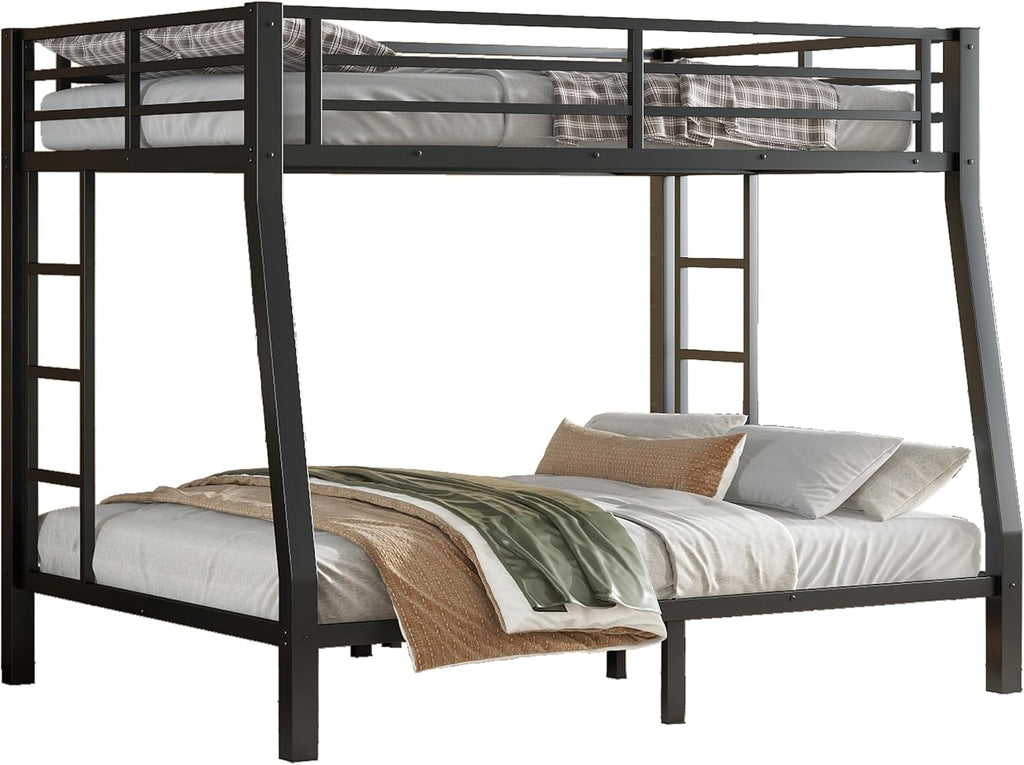 Metal Full XL Over Queen Bunk Bed with High Guardrail & Under-Bed Storage