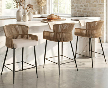 Farmhouse Woven Bar Stools Set of 3, 26 Inch Linen Upholstered Rattan Barstools with Curved Backs, Modern Cane