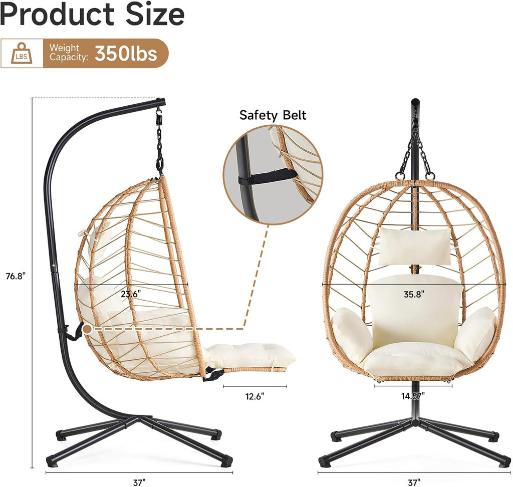Wicker Egg Chair Outdoor, Hammock Chair with Footrest & Stand, Patio Swing with Cushion & Double Chains, Hanging