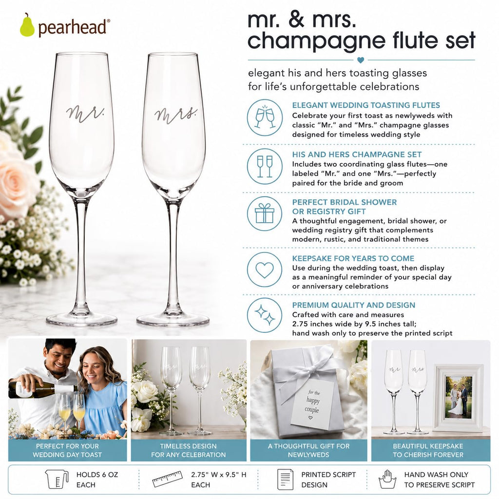 Mr. & Mrs. Champagne Flute Set - Elegant His and Hers Wedding Toasting Glasses for Unforgettable Celebrations, Bridal
