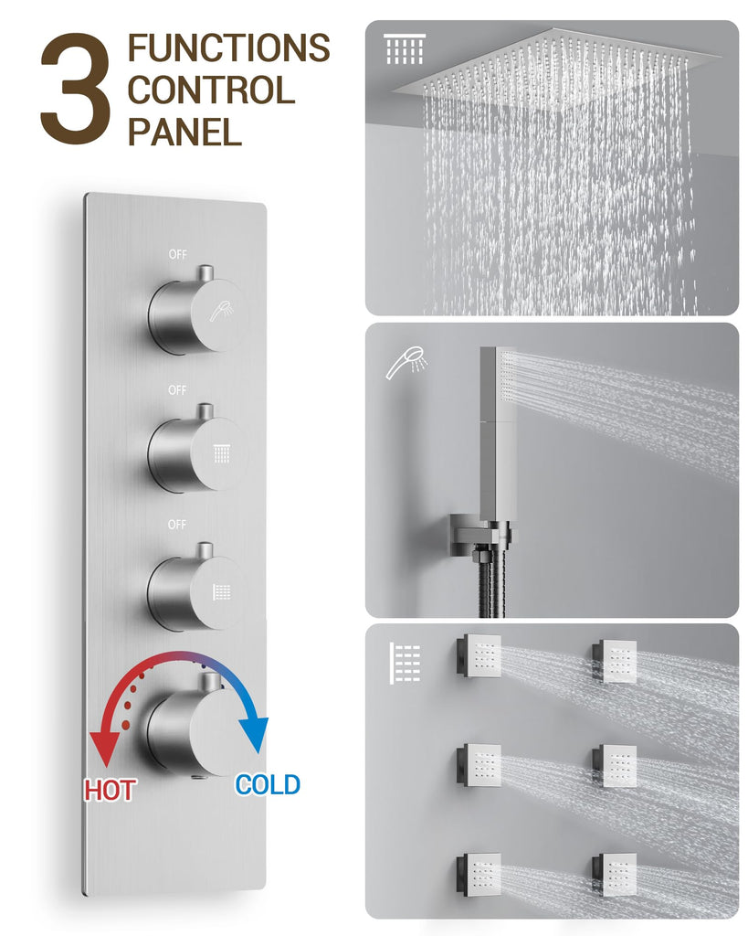 20" LED Ceiling Shower System with 6 Jets, Brushed Nickel