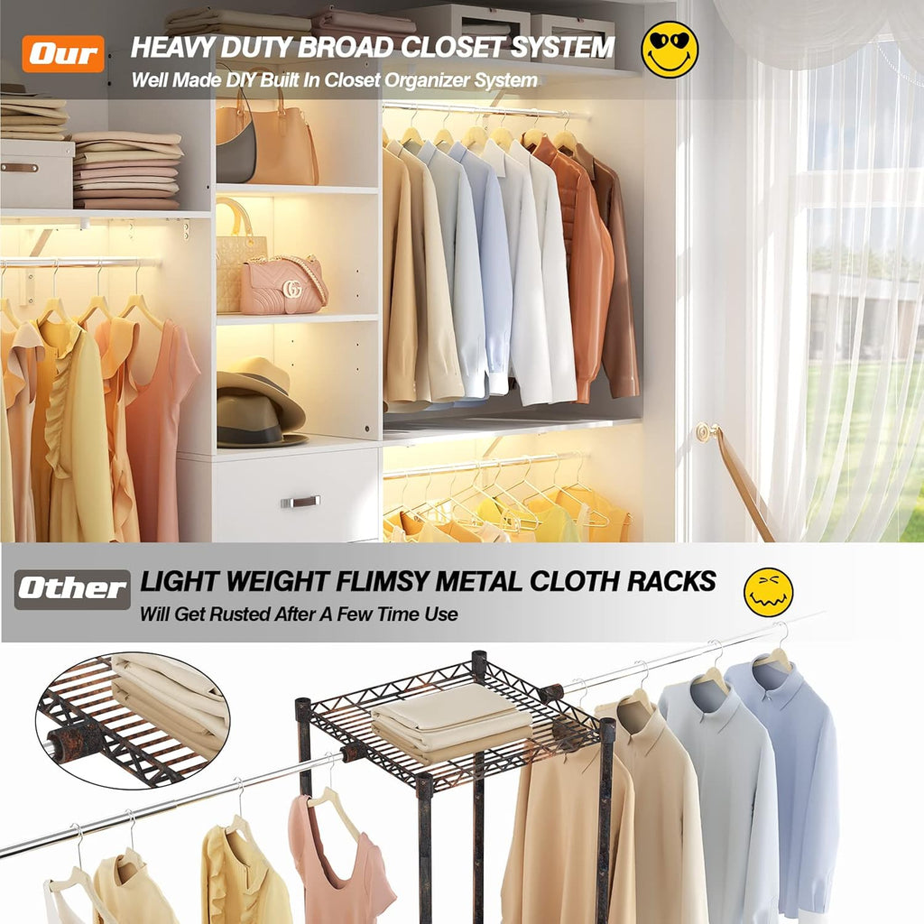 96" Wood Closet System with 3 Enclosed Drawers & 3 Solid Shelves, 8FT Adjustable Closet Organizers and Storage, Heavy