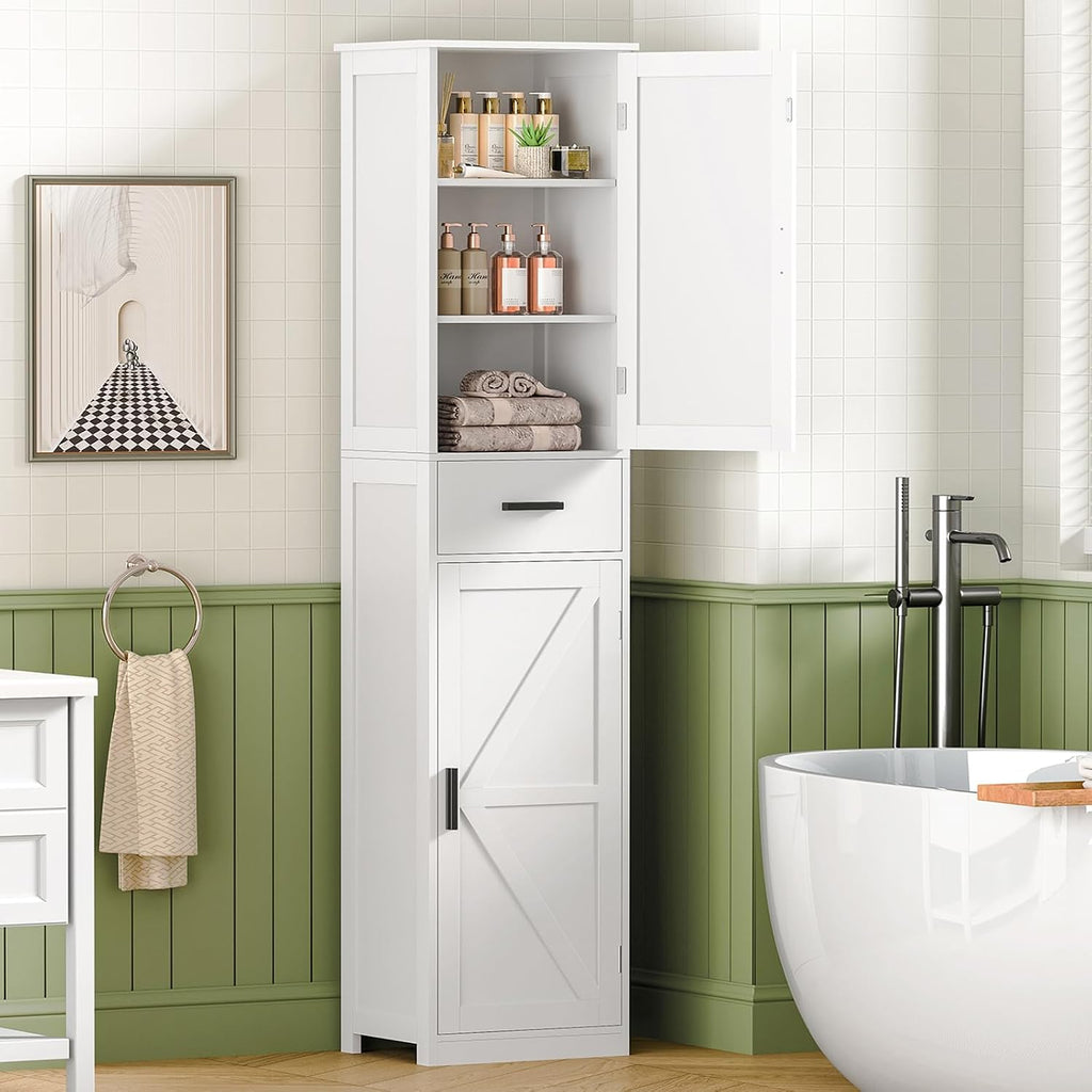 Tall Bathroom Cabinet, Storage Cabinet with 6 Shelves & Drawer, Bathroom Storage Cabinet with Adjustable Shelves