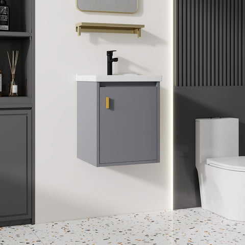 16-Inch Wall-Mounted Bathroom Vanity with Ceramic Sink – Modern Floating Small-Space Cabinet with Soft-Close Door, Pop-Up Drain & P-Trap Included, Gray (No Faucet)