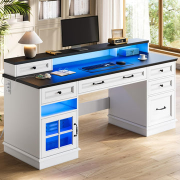 Farmhouse Executive Desk with Drawers Computer Desk with File Drawers, Power Outlet and Led Lights