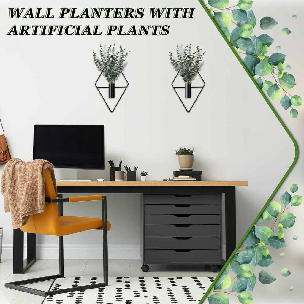 2 Pcs Hanging Artificial Planters Wall Decor, Black, Eucalyptus