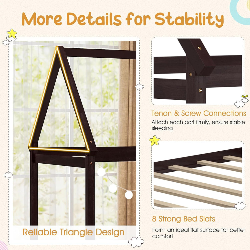 Twin Montessori Bed Frame with House Roof Canopy, Low Floor Bed with Sturdy Wood Slat Support, No Box Spring Needed
