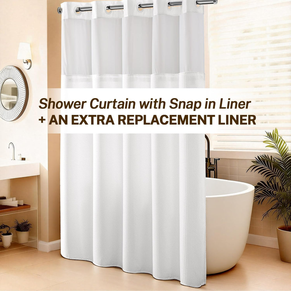 No Hooks Shower Curtain with 2 Snap in Liner, White, 71Wx74H | Waffle Weave, 1 Attached Snap in Liner and 1 Extra