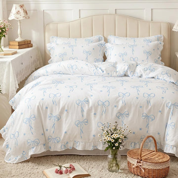Ruffle Comforter Set, White Comforter Set with Blue Bow
