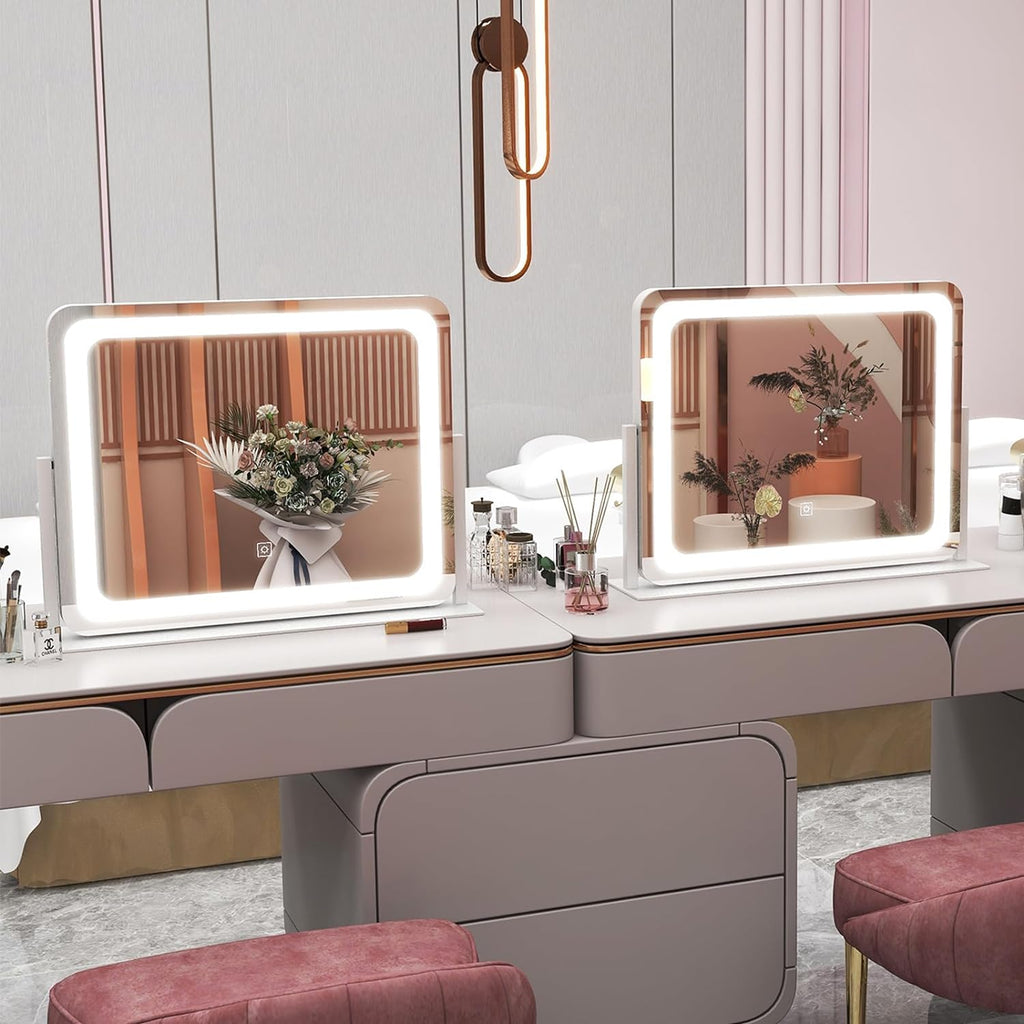 Large Vanity Mirror with Lights, 22"x17" Lighted Makeup Mirror for Desk, 3 Color Dimmable LED Lights, Smart Touch